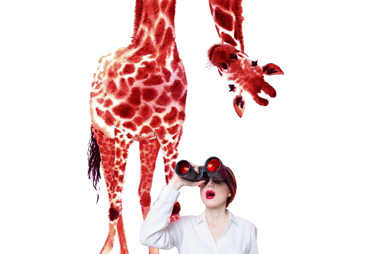 Woman with binocular and red giraffe created by Redline Company