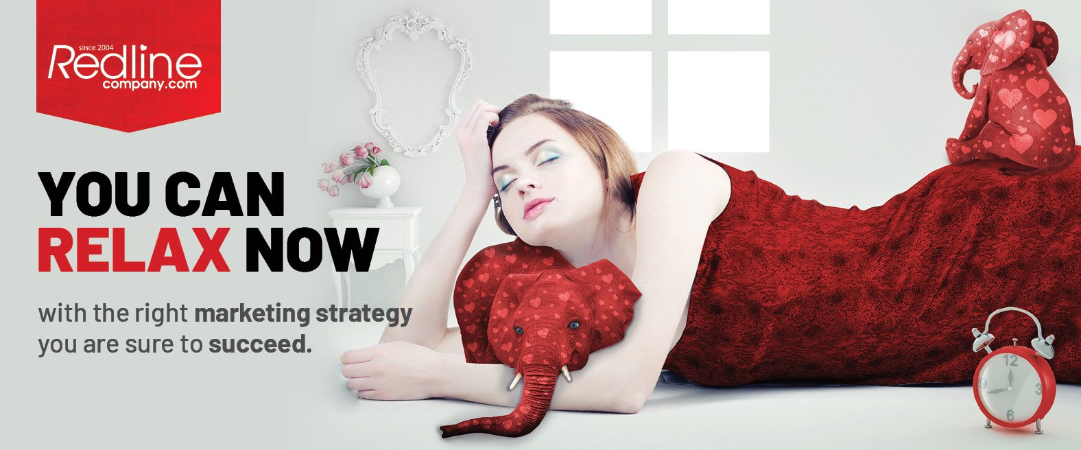Lying woman with red hearted elephants created by Redline Company