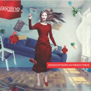 Women in a red dress floating in a living room created by Redline Company