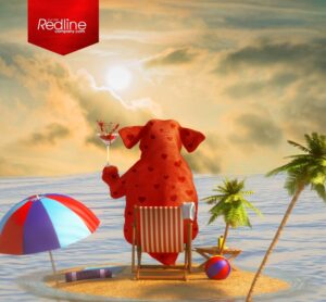 Red hearted elephant sitting on a chair at the beach created by Redline Company
