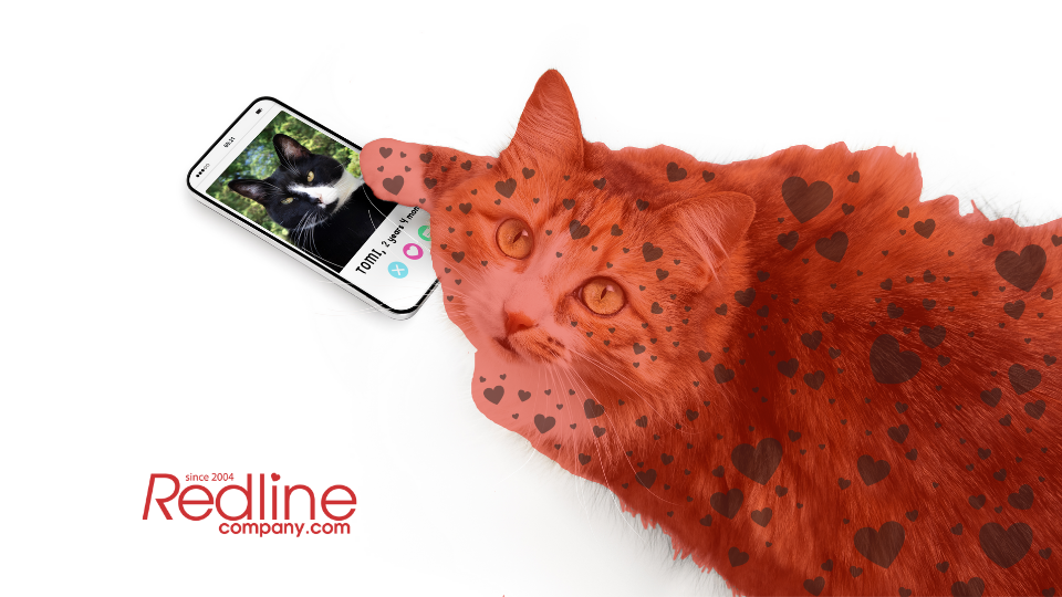 Gato con estampado de corazones rojos que está usando un móvil creado por Redline Company