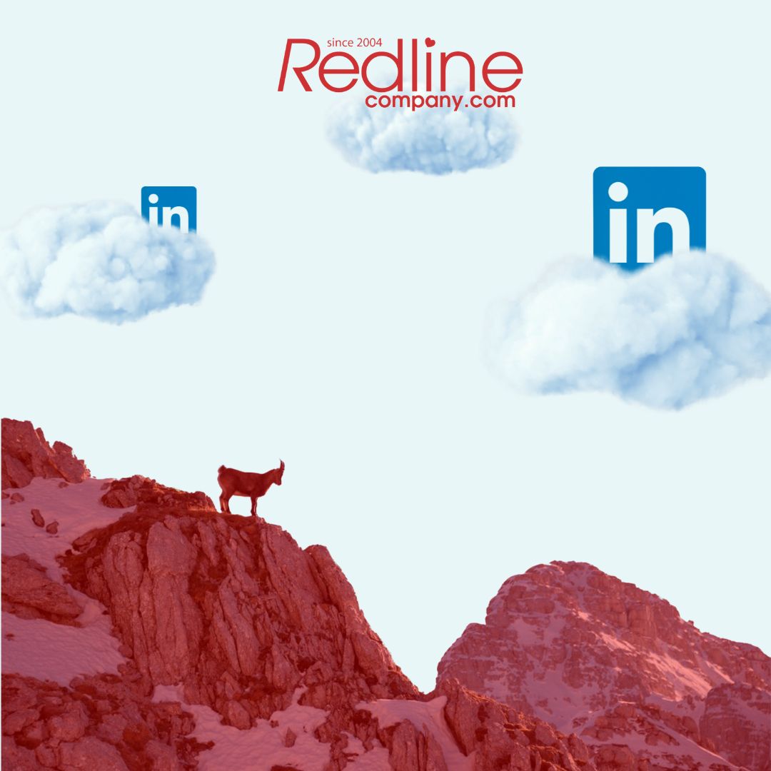 Goat on red mountain with linkedin logos in clouds created by Redline Company