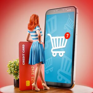 Woman looking at phone with shopping cart created by Redline Company