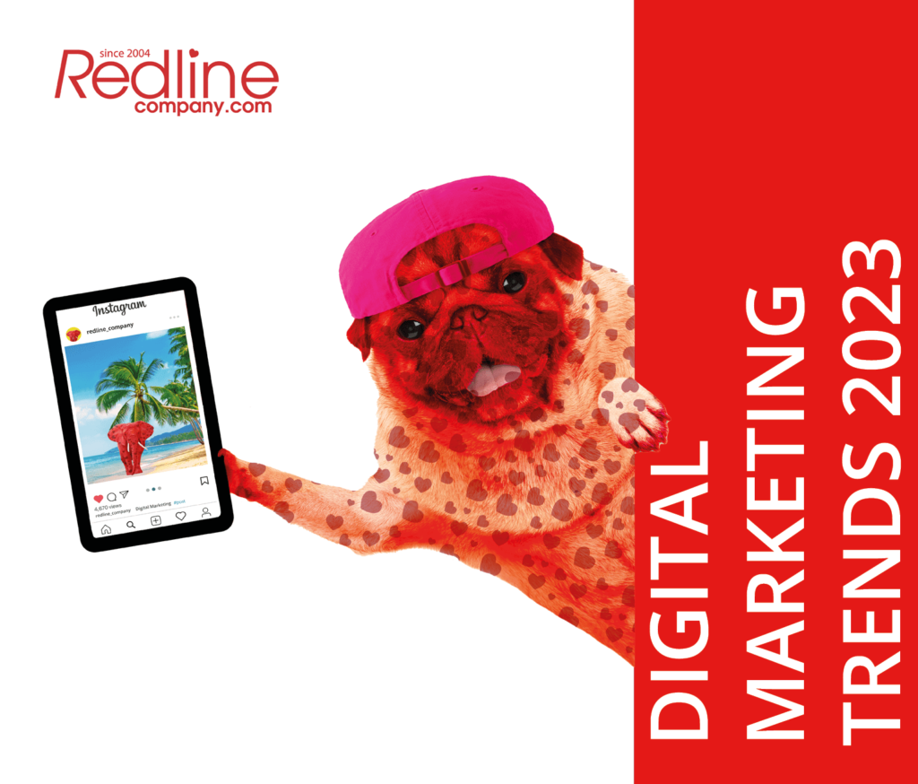 Perro lleno de corazones rojo sosteniendo un ipad creado por Redline Company