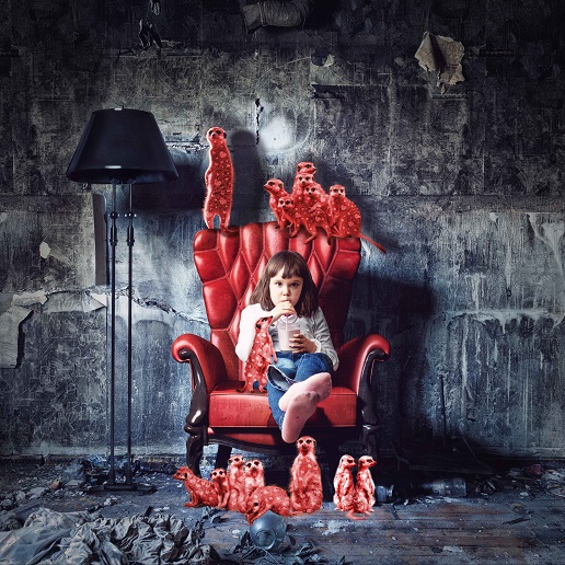 Girl sitting on red chair with red meerkats created by Redline Company