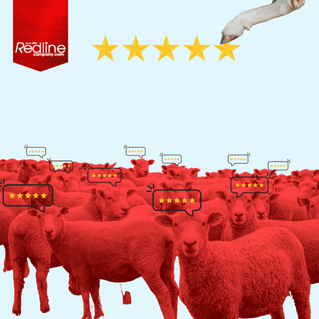 Red sheeps with reviews text balloons created by Redline Company